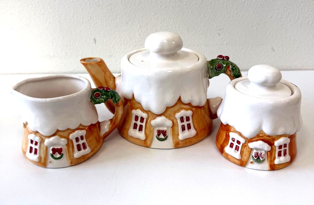 Vintage Lefton Gingerbread House Collection Ceramic Set- Tea Pot, Cream, Sugar